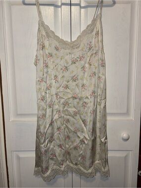 aerie Cream Satin Floral Lace-Trim Slip